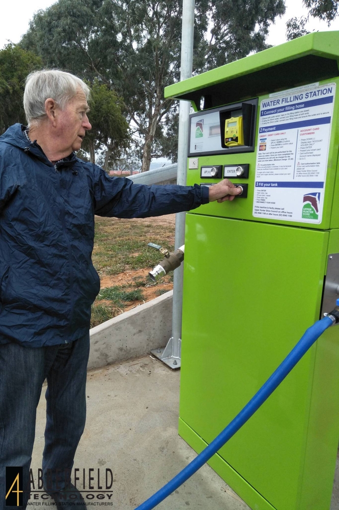 Abberfield Water Filling Station –WD2500 with potable water, plumbing outlets 50mm and 25mm in use