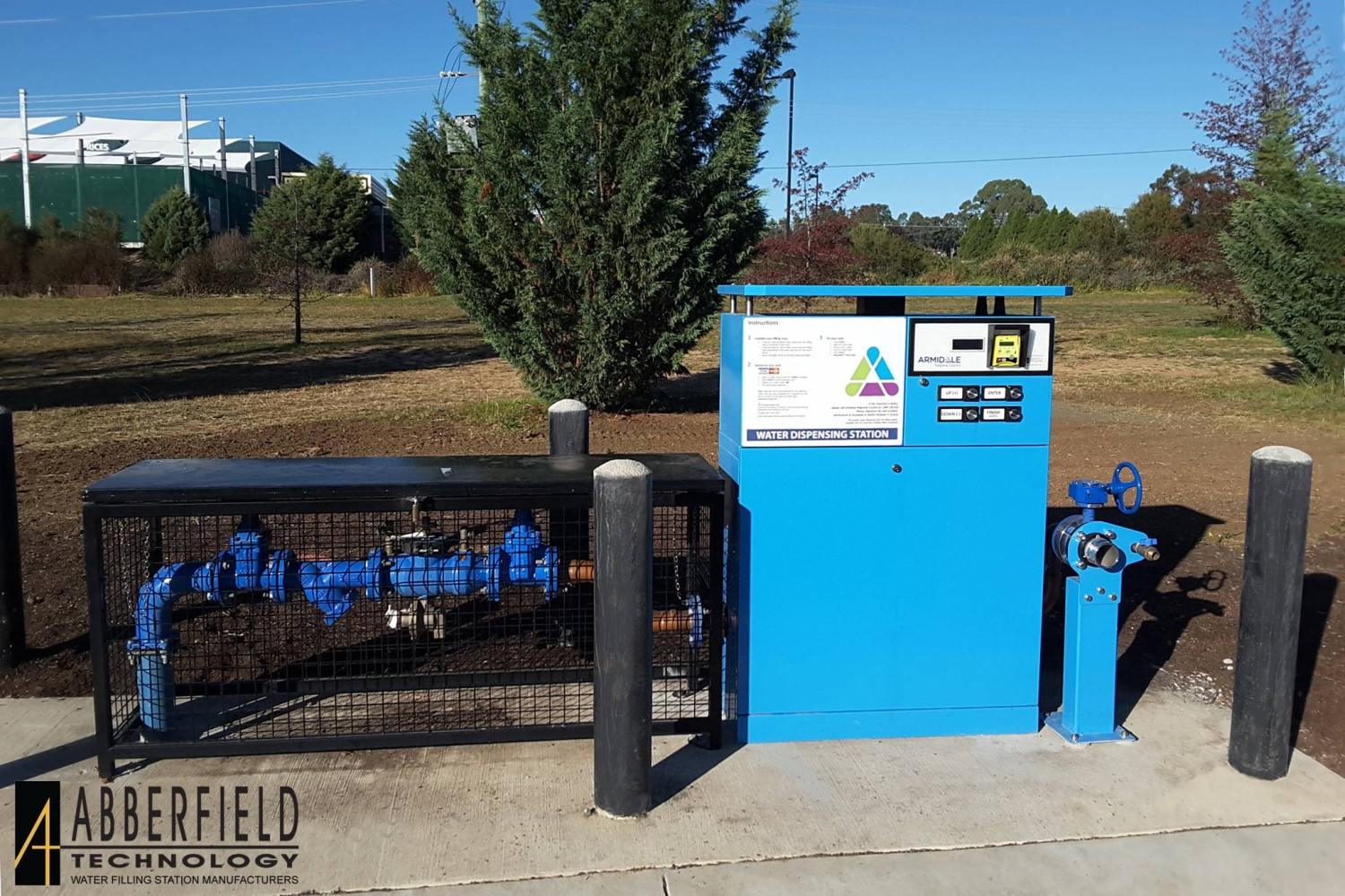 Abberfield Water Filling Station -WD3000N with potable water, plumbing outlets 80mm and 25mm, with snoopy RPZ and cage&amp;nbsp;– Hunter Blue colour